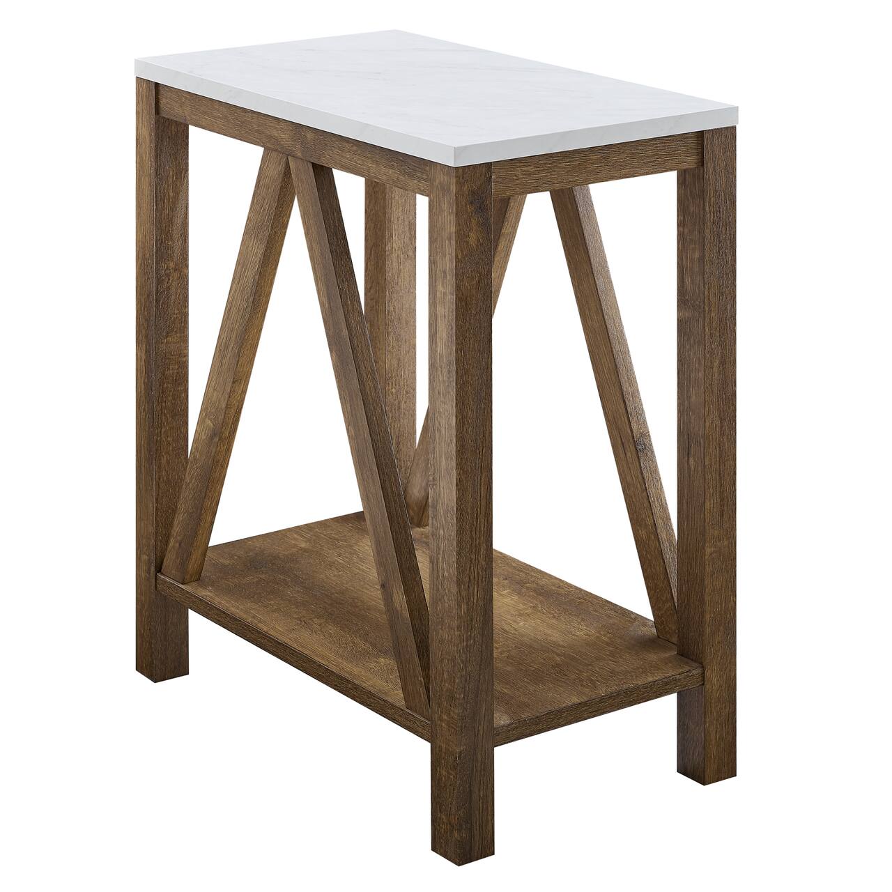 Walker Edison Faux White Marble & Natural Walnut A-Frame Side Table